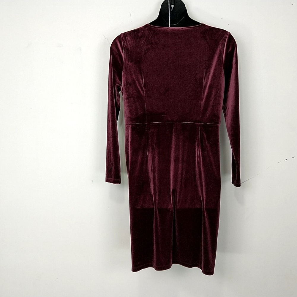 LOFT Dress Womens XL Burgundy Velvet Faux Wrap Knot Front Long Sleeve V-Neck - Picture 2 of 4